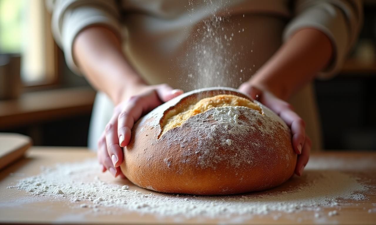 Bakkershanden met vers gebakken ambachtelijk brood