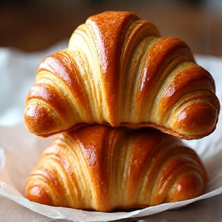 Goudbruine, schilferige croissants op een bakplaat