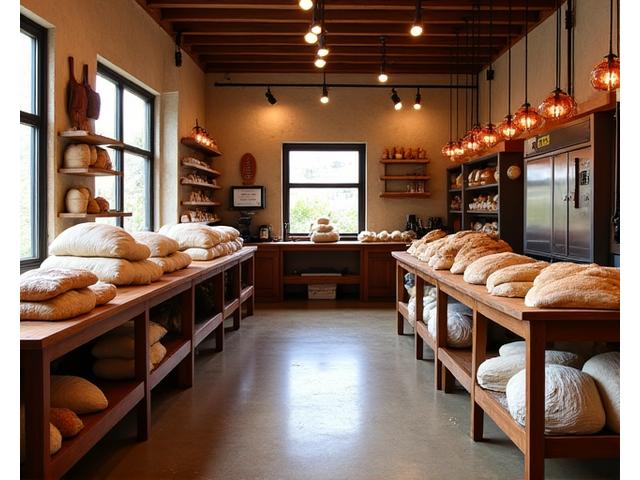 Interieur van de bakkerij met ambachtelijke ovens en werkbanken, warm en uitnodigend.