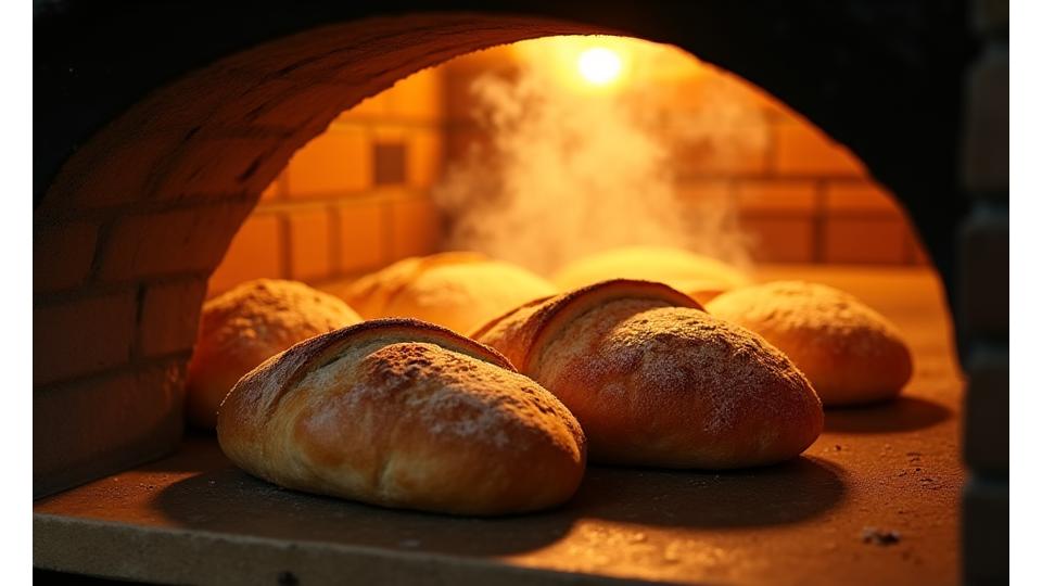 Versgebakken broden die uit een traditionele oven worden gehaald, met stoom en gouden korst.