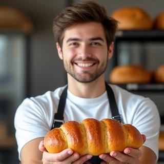 Portret van Koen De Clercq, een jonge bakker, die trots een warm brood vasthoudt.