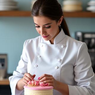 Portret van Sophie Devriese, een patissier, die een taart versiert met delicate precisie.